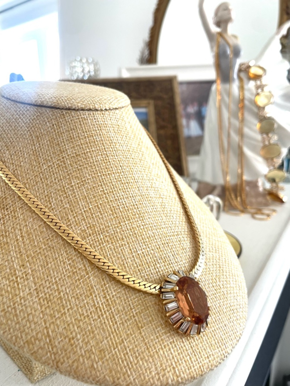 D'Orlan Statement Gold Plated Necklace, Amber Citrine Glass Pendant